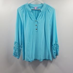 Lilly Pulitzer Elsa Silk Top Eyelet Cuff Breakwater Blue